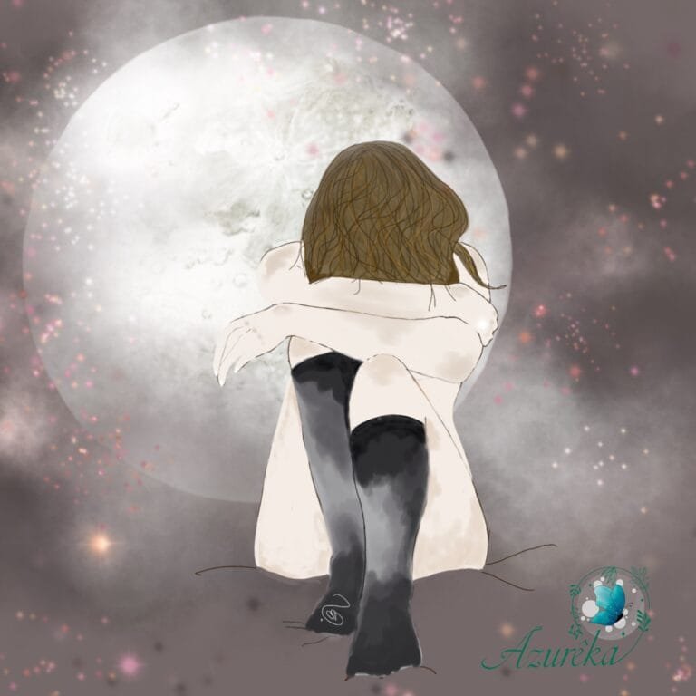 Femme, recroquevillée sur elle-même, sur fond de lune qui réfléchit.